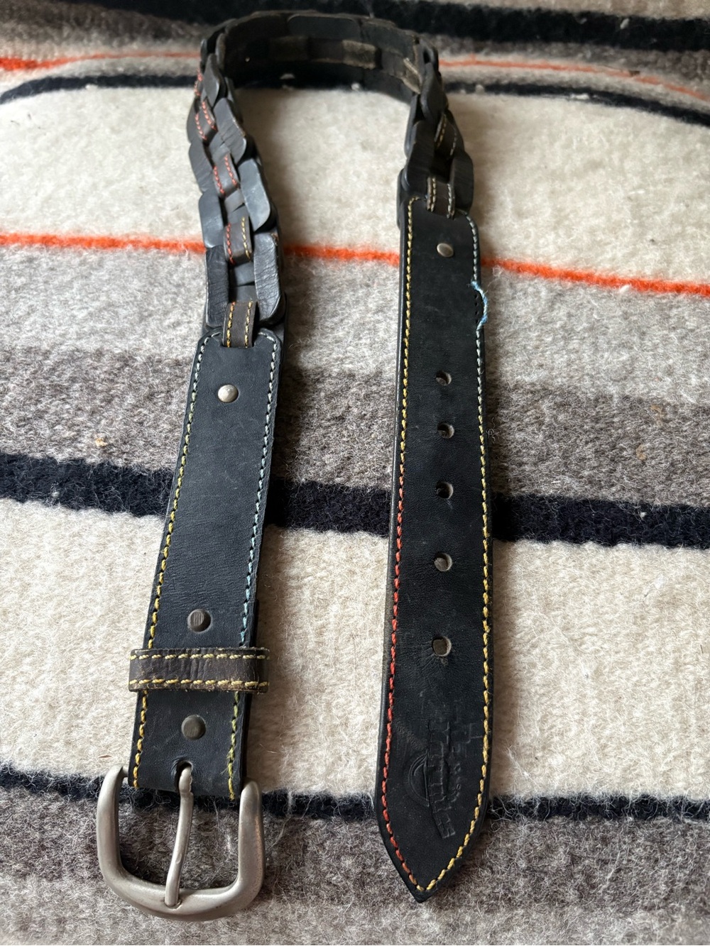 Braided Black Leather Women's Belt with Multicolor Stitching